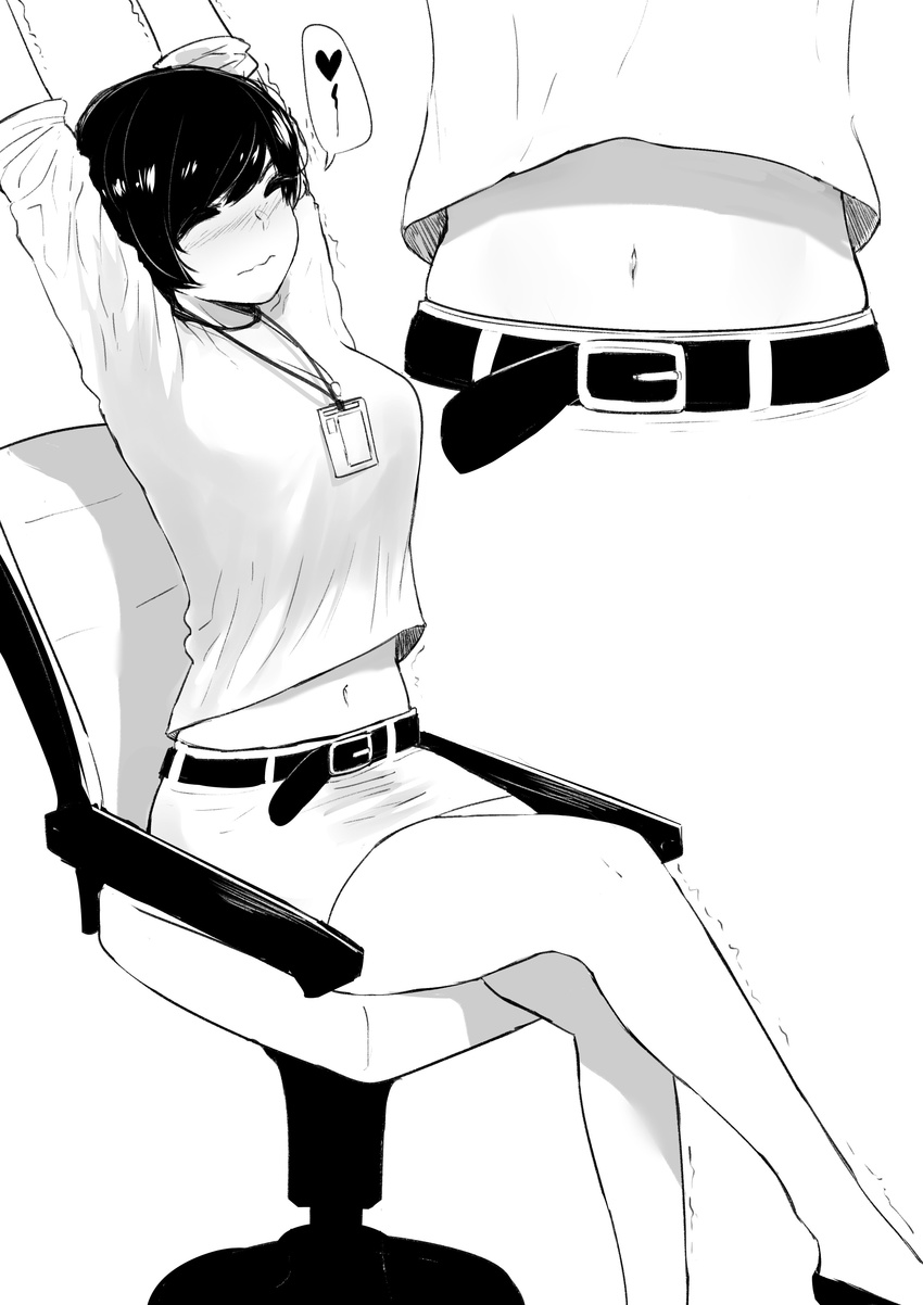 absurdres belt blush breasts chair crossed_legs full_body greyscale highres medium_breasts midriff monochrome name_tag navel norman_maggot office_chair office_lady ol-chan_(norman_maggot) original pencil_skirt shirt short_hair sitting skirt solo stretch