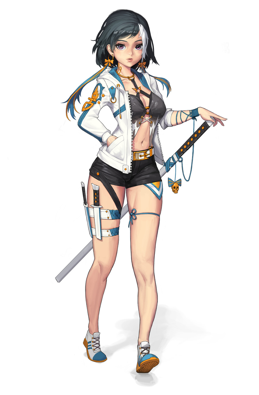 arm_ribbon belt black_hair black_shorts blue_ribbon closed_mouth commentary cotta_(artstation) drawstring earrings eyelashes full_body hands_in_pockets highres holster hoop_earrings jacket jewelry katana knife leg_ribbon lips long_sleeves looking_at_viewer md5_mismatch multicolored_hair navel open_clothes open_jacket original purple_eyes ribbon shadow sheath sheathed shoes short_hair short_shorts shorts simple_background skull sneakers solo standing stomach streaked_hair sword thigh_holster thigh_strap thighs two-tone_hair unzipped walking weapon white_background white_belt white_footwear white_hair white_jacket