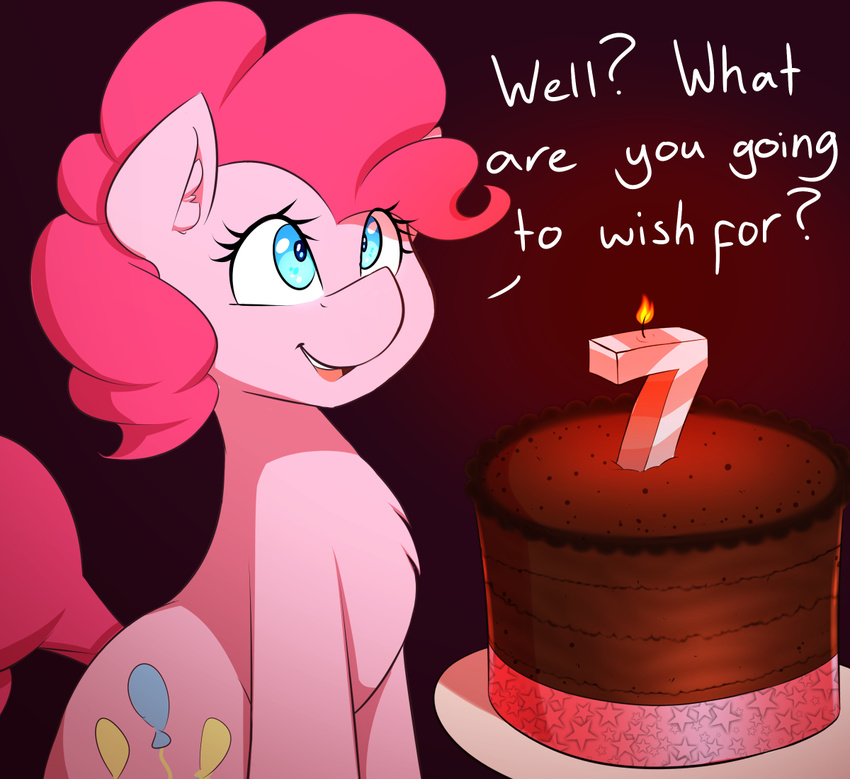 2017 ? birthday birthday_cake blue_eyes cake candle chest_tuft cutie_mark dialogue earth_pony english_text equine eyelashes female fire food friendship_is_magic fur hair hi_res horse mammal my_little_pony open_mouth pink_hair pinkie_pie_(mlp) plate pony short_hair simple_background sitting smile solo solo_focus star teeth text thebatfang tuft