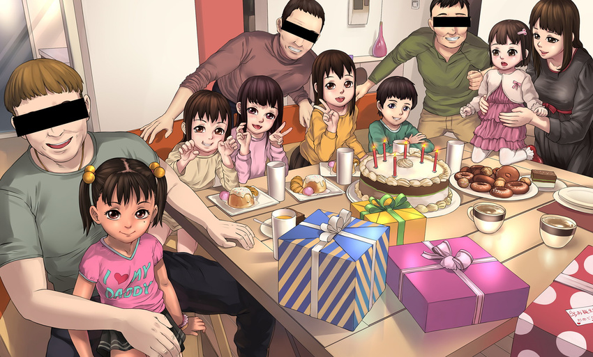 4boys 5girls a-801 age_difference birthday birthday_cake brown_hair cake censored child closed_mouth clothes_writing food full_body hair_bobbles hair_ornament identity_censor indoors kneeling long_hair long_sleeves looking_at_viewer multiple_boys multiple_girls open_mouth original short_hair skirt smile table twintails v
