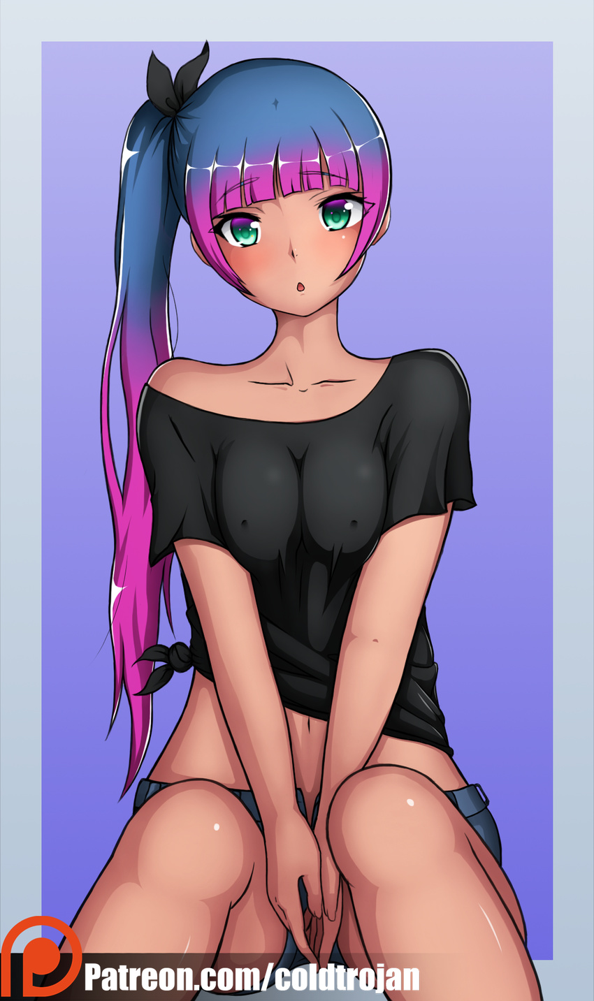 1girl :o coldtrojan collarbone eyebrows_visible_through_hair green_eyes hotpants looking_at_viewer multicolored_hair navel nipples_visible_through_clothing open_mouth original patreon simple_background small_breasts solo