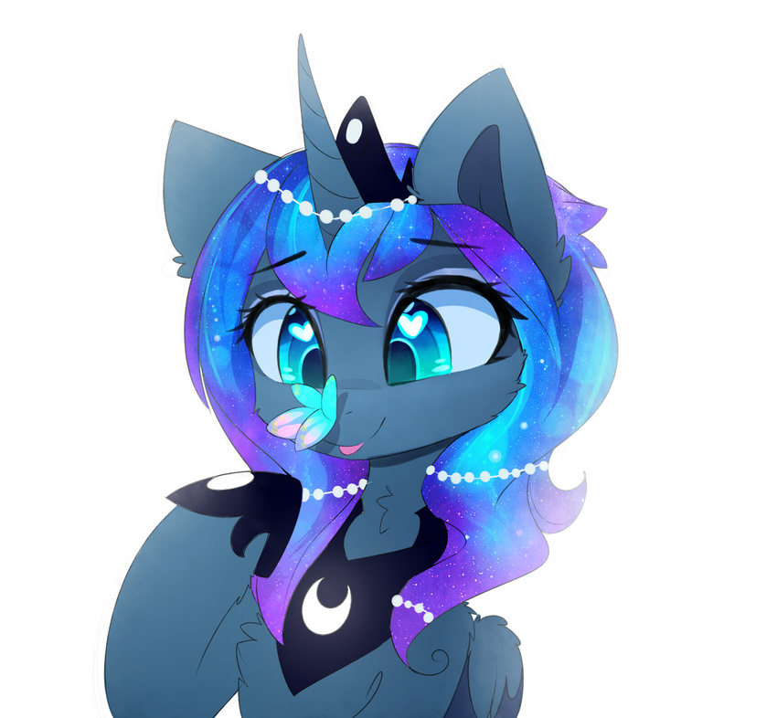 2017 arthropod blue_fur butterfly cosmic_hair digital_media_(artwork) duo equine eyelashes feral friendship_is_magic fur horn insect magnaluna mammal my_little_pony princess_luna_(mlp) simple_background smile white_background winged_unicorn wings