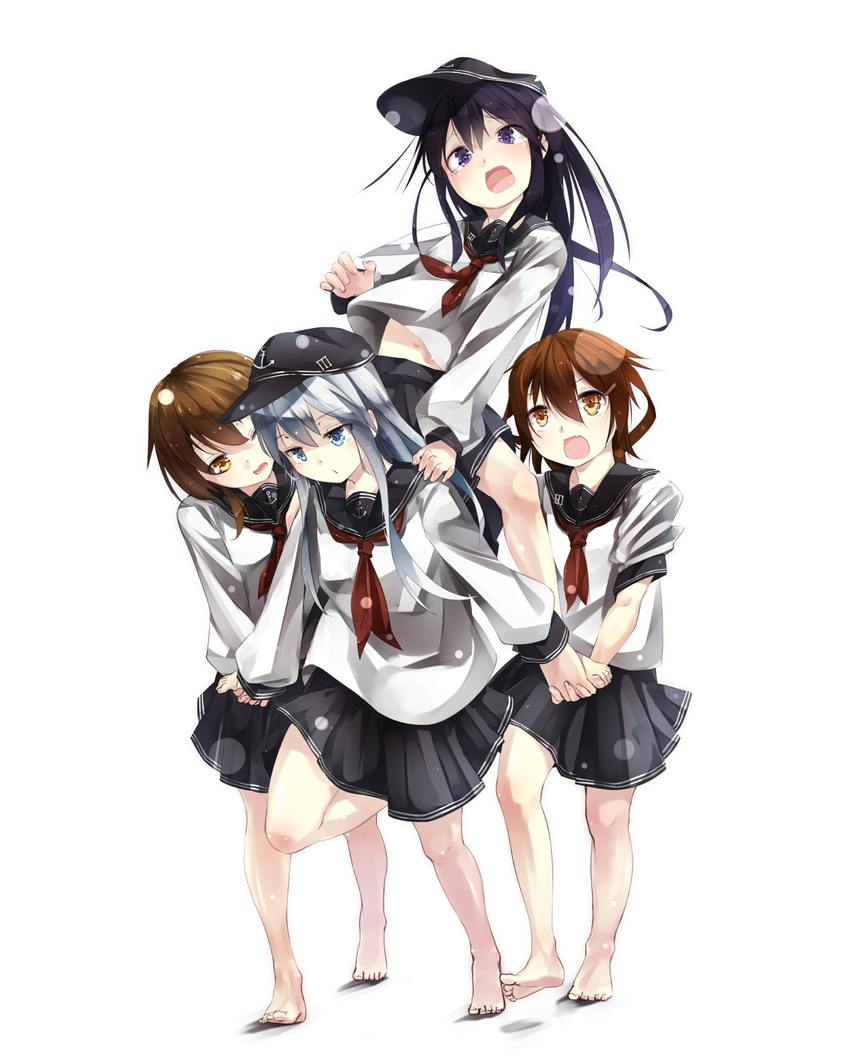 akatsuki_(kantai_collection) barefoot black_hat black_sailor_collar black_skirt blue_eyes brown_eyes brown_hair fang flat_cap gorilla_(bun0615) hair_ornament hairpin hat hibiki_(kantai_collection) highres ikazuchi_(kantai_collection) inazuma_(kantai_collection) kantai_collection long_hair long_sleeves multiple_girls navel neckerchief no_legwear one_eye_closed open_mouth pleated_skirt purple_eyes purple_hair red_neckwear sailor_collar school_uniform serafuku short_hair silver_hair skirt tearing_up