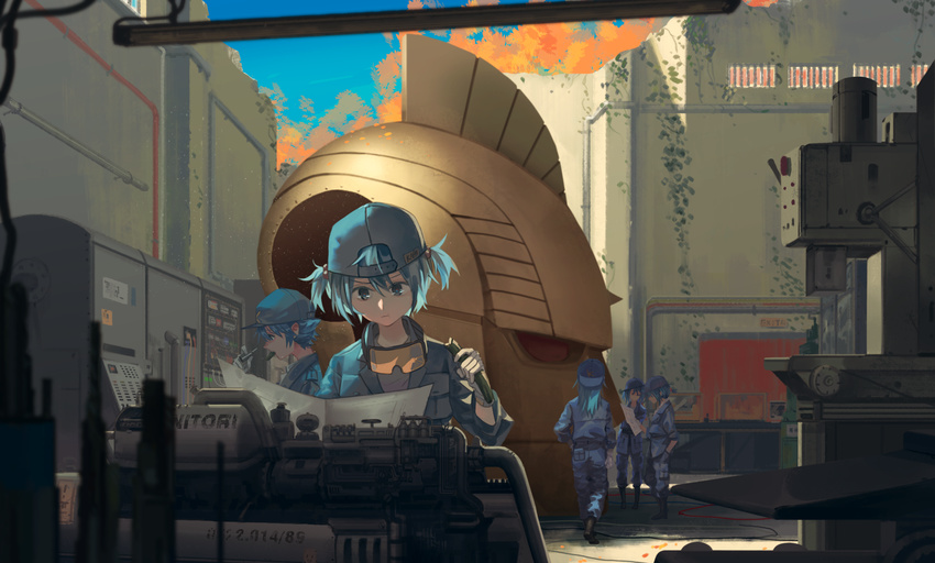 :t alternate_costume blue_eyes blue_hair blueprint building commentary_request cucumber eating gloves goggles goggles_around_neck hat highres kappa_mob kawashiro_nitori machinery multiple_girls ouka_musci overalls short_hair touhou twintails