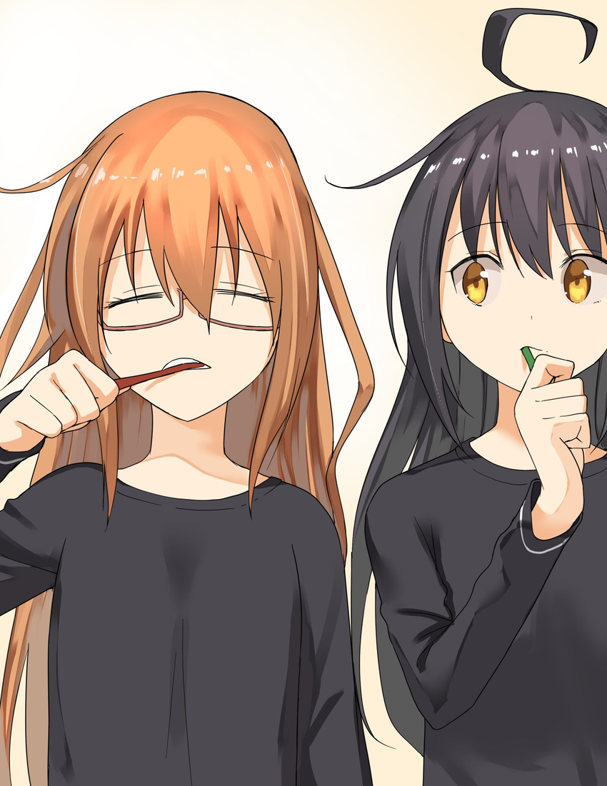 ahoge black_hair black_shirt brown_hair closed_eyes commentary_request glasses highres holding kantai_collection long_hair long_sleeves masukuza_j mikazuki_(kantai_collection) mochizuki_(kantai_collection) multiple_girls red-framed_eyewear shirt toothbrush toothbrush_in_mouth yellow_eyes