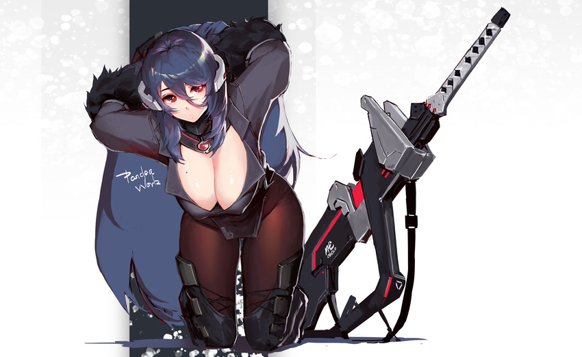 absurdres arms_up artist_name bent_over black_legwear blue_hair boots breasts brown_legwear cleavage closed_mouth full_body hair_between_eyes hanging_breasts highres huge_breasts iron_saga kneeling long_hair mole mole_on_breast oboro_(iron_saga) pandea_work pantyhose red_eyes simple_background solo sword thigh_boots thighhighs very_long_hair weapon