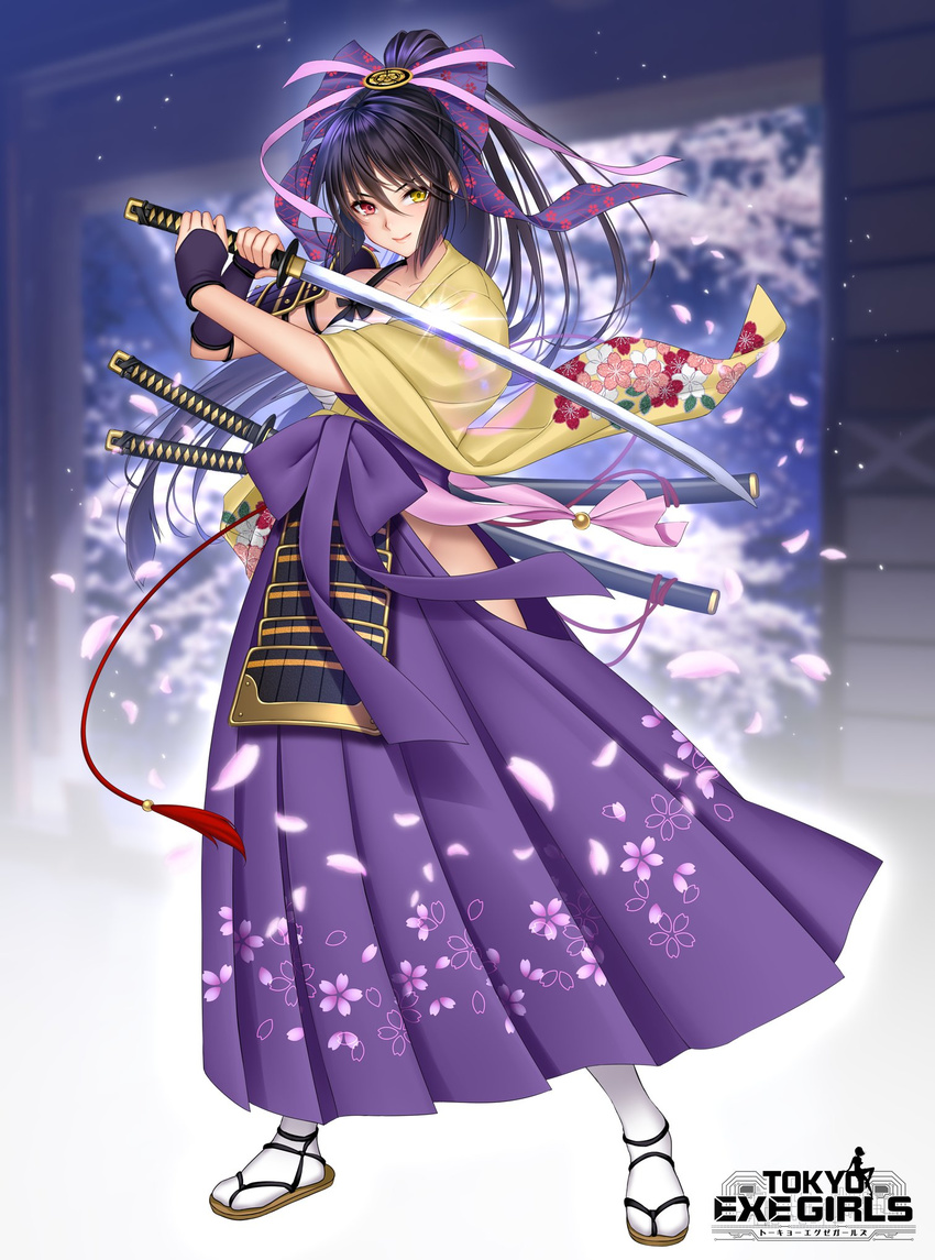 &gt;:) black_hair blush bow cherry_blossoms chrysanthemum collarbone commentary_request floral_print flower full_body hadanugi_dousa hair_bow hakama heterochromia high_ponytail highres hip_vent holding holding_sword holding_weapon japanese_clothes katana long_hair looking_at_viewer official_art petals red_eyes sandals sarashi shimashima08123 sidelocks solo standing sword tabi tasuki tokyo_exe_girls v-shaped_eyebrows very_long_hair weapon wide_sleeves yellow_eyes
