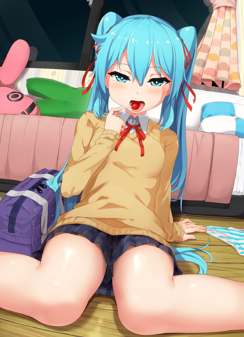 abmayo absurdres aqua_eyes aqua_hair bag bed bedroom candy commentary_request curtains eating eyebrows_visible_through_hair food hatsune_miku highres lollipop long_hair open_mouth panties sitting skirt solo striped striped_panties sweater tongue twintails underwear very_long_hair vocaloid wariza window