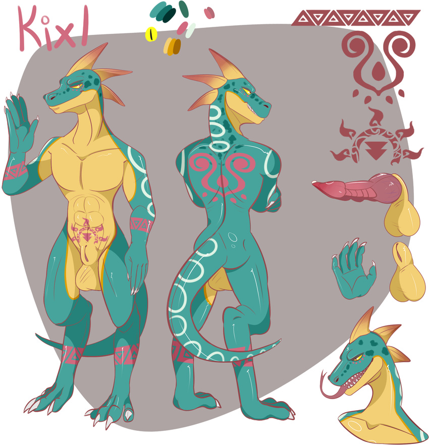 5 2017 4_toes arm_markings back_markings balls big_balls claws digitigrade erection fingers forked_tongue green_scales grin horn kixl_(character) knot leg_markings lizalfos lizard long_tail markings mias-mao_(artist) model_sheet nintendo nude penis pink_penis reptile ridged_penis scales scalie skyward_sword slit smile solo stomach_markings story story_in_description tattoo teeth the_legend_of_zelda toes tongue video_games yellow_eyes yellow_scales