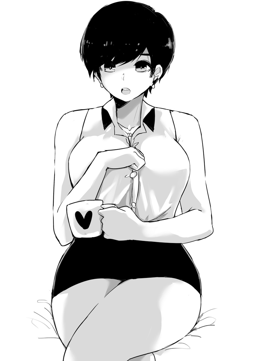 absurdres bare_shoulders black_skirt breasts collarbone collared_shirt crossed_arms cup earrings greyscale hand_on_own_chest highres holding holding_cup jewelry large_breasts looking_at_viewer monochrome norman_maggot office_lady ol-chan_(norman_maggot) open_mouth original pencil_skirt shirt short_hair simple_background sitting skirt sleeveless sleeveless_shirt solo white_background