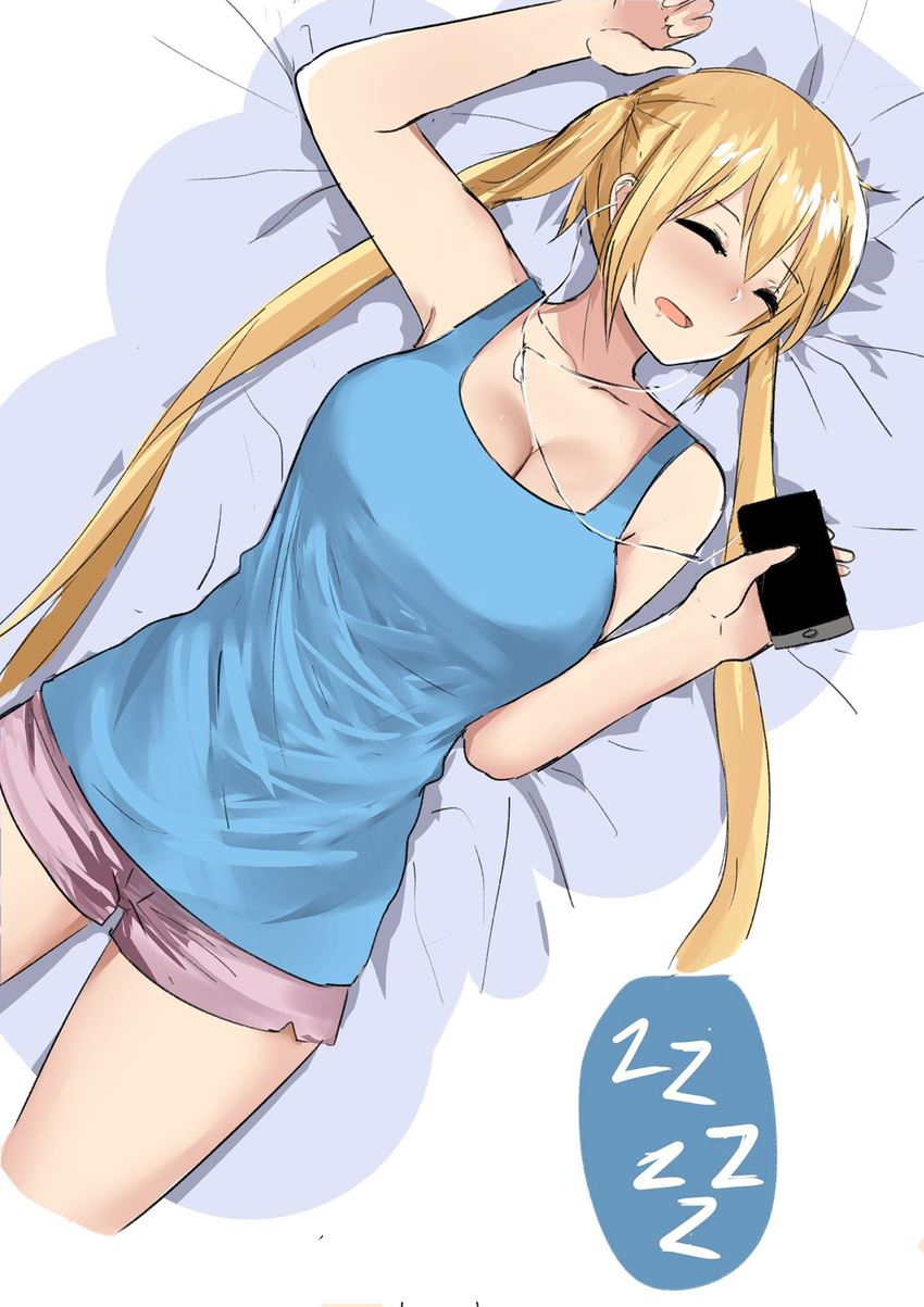 bare_shoulders blend_s blonde_hair blue_eyes blue_tank_top breasts cellphone cleavage closed_eyes cowboy_shot earphones highres hinata_kaho holding holding_phone large_breasts long_hair lying norman_maggot on_back on_bed open_mouth phone short_shorts shorts sleeping sleeveless smartphone tank_top