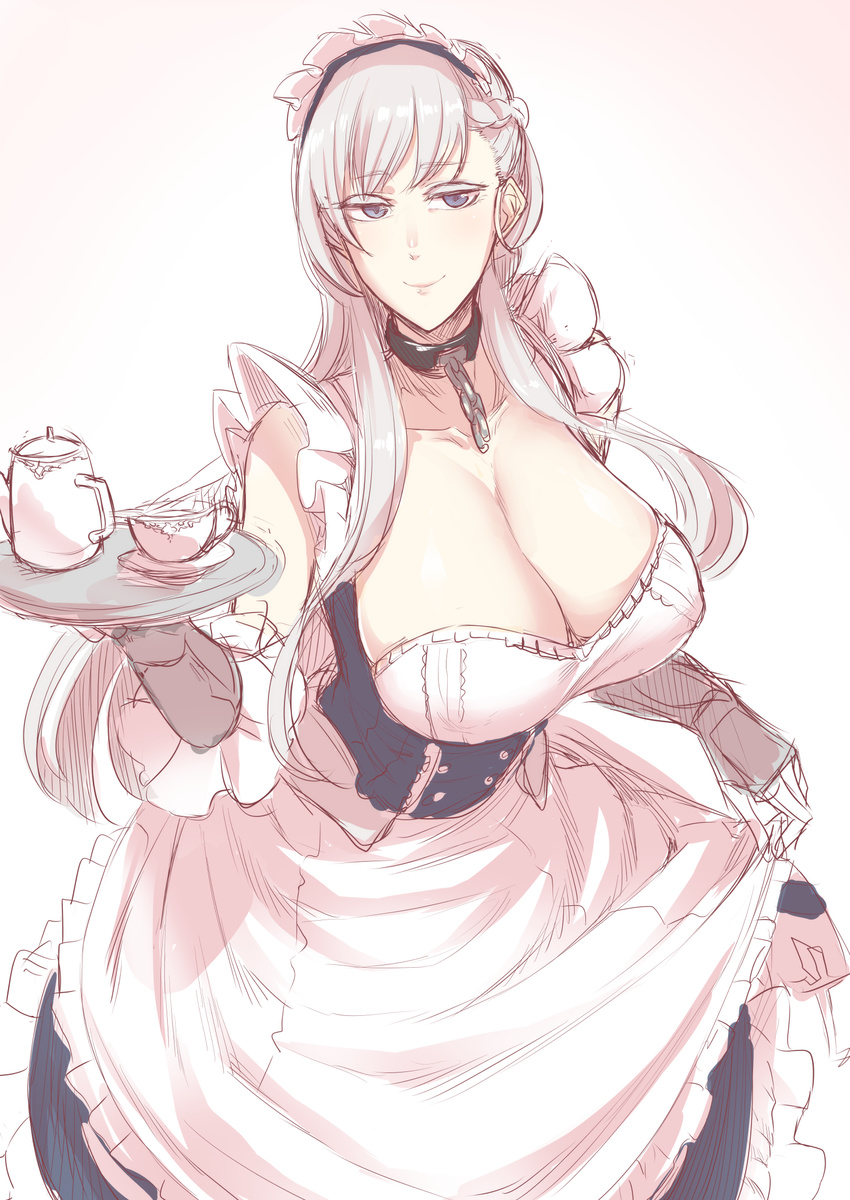apron azur_lane bangs belfast_(azur_lane) blue_dress blue_eyes blush breasts chain cleavage closed_mouth collar cup detached_sleeves dress eyebrows_visible_through_hair highres huge_breasts long_hair looking_at_viewer maid maid_apron maid_headdress metal_collar nakamura_regura pink_background silver_hair sketch smile solo standing teacup tray upper_body