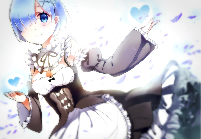 apron asymmetrical_bangs bangs blue_eyes blue_hair blurry bow breasts choker chuzz cleavage commentary_request detached_sleeves dress dutch_angle floating_heart flower frilled_apron frilled_dress frilled_sleeves frills hair_ornament hair_over_one_eye hair_ribbon hands_up heart highres holding_heart jpeg_artifacts large_breasts light_blush looking_at_viewer maid petals re:zero_kara_hajimeru_isekai_seikatsu rem_(re:zero) ribbon ribbon-trimmed_sleeves ribbon_choker ribbon_trim short_hair sleeves_past_wrists smile solo tareme wide_sleeves wind wind_lift x_hair_ornament