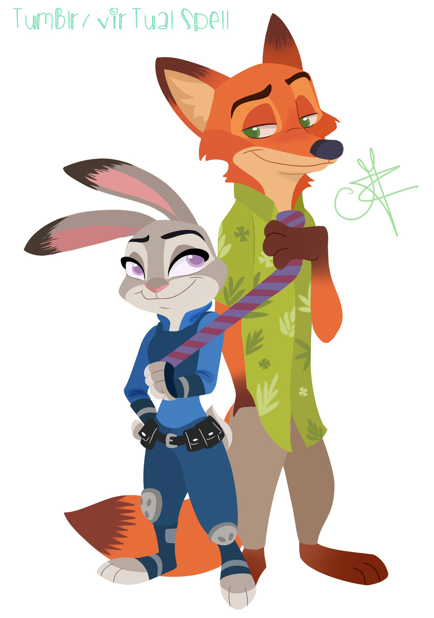 2016 3_toes absurd_res anthro black_nose canine clothed clothing dipstick_ears disney duo female fox fur gloves_(marking) green_eyes grey_fur half-closed_eyes hawaiian_shirt hi_res judy_hopps lagomorph lineless_art looking_aside looking_at_another male mammal markings necktie nick_wilde orange_fur pink_nose police_uniform purple_eyes rabbit shirt signature simple_background smile standing toes uniform virtual-spell white_background zootopia