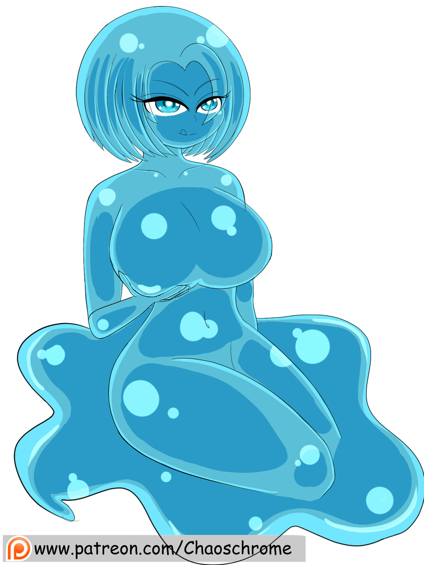 1girl blue_eyes blue_hair blue_skin breasts chaoschrome closed_mouth eyebrows_visible_through_hair goo_girl large_breast monster_girl nude short_hair simple_background sitting slime smile solo