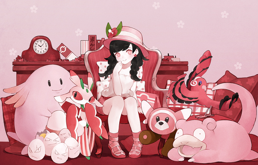 arm_at_side armchair baiguiyu bangs bare_arms bare_legs bare_shoulders bird black_hair blush book braid bright_pupils chair chansey clock closed_mouth earrings egg exeggcute fangs fedora floral_background flower flower_earrings full_body gen_1_pokemon gen_7_pokemon hair_flower hair_ornament hand_on_own_face hat jewelry long_hair lurantis lying mizuki_(pokemon) on_stomach open_mouth oricorio pigeon-toed pillow pink pink_background pink_footwear pink_hair pink_hat pink_legwear pink_shorts pokemon pokemon_(creature) pokemon_(game) pokemon_usum shelf shirt shoes short_shorts shorts sitting sleeveless sleeveless_shirt slowpoke smile socks standing stufful swept_bangs tareme twin_braids white_shirt