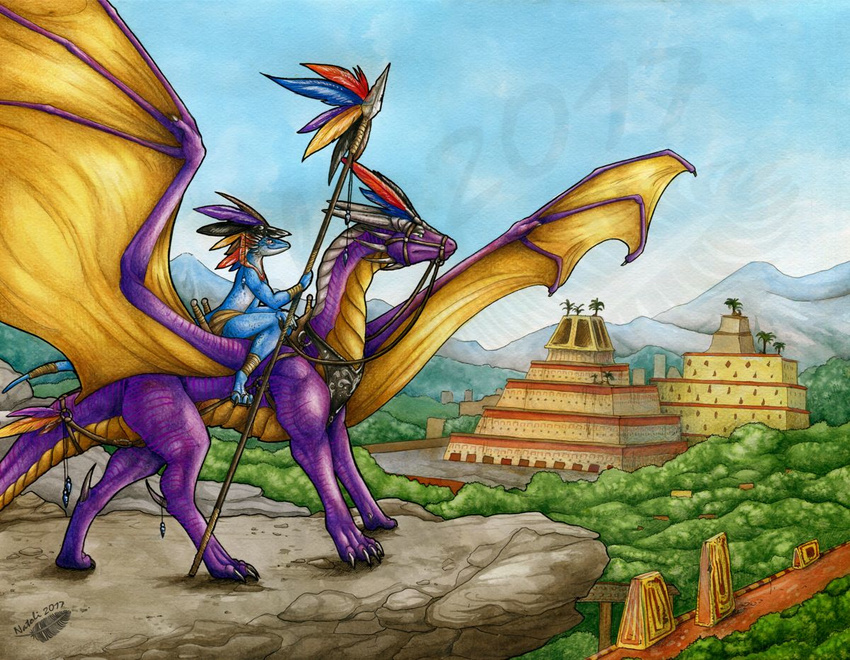 2017 anthro claws day detailed_background dragon duo feral holding_object horn lizard melee_weapon membranous_wings natoli outside polearm purple_skin reptile scalie sky smile spear traditional_media_(artwork) weapon wings