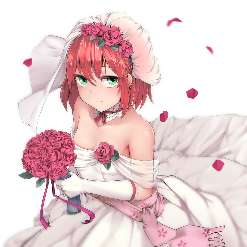 bare_shoulders bouquet breasts bridal_gauntlets cleavage dress flower gloves green_eyes hair_flower hair_ornament hatori_chise highres lavie looking_at_viewer mahou_tsukai_no_yome petals red_flower red_hair red_rose rose small_breasts standing wedding_dress white_dress white_gloves