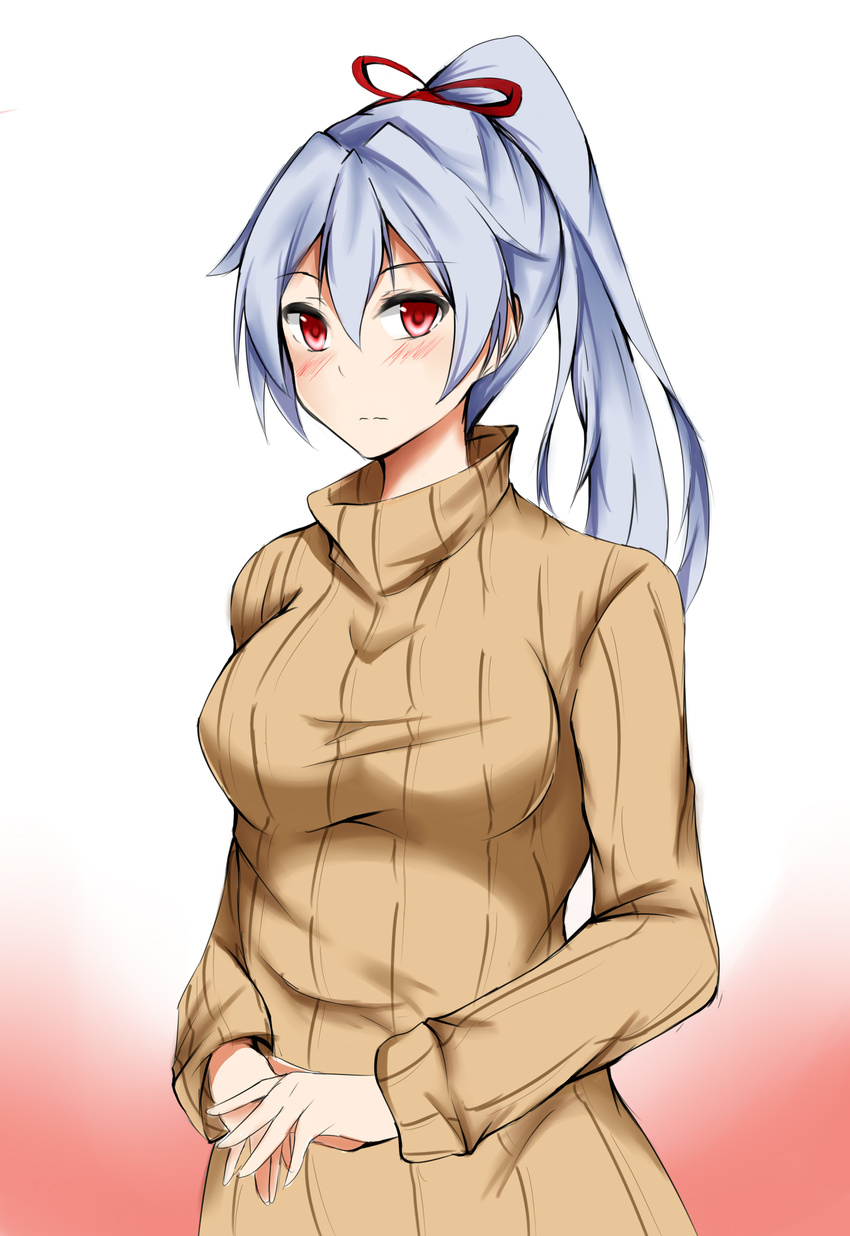 absurdres alternate_costume alternate_hairstyle breasts commentary_request fate/grand_order fate_(series) hair_between_eyes hair_ribbon highres isshii13 long_hair long_sleeves looking_at_viewer medium_breasts ponytail red_eyes ribbed_sweater ribbon silver_hair solo sweater tomoe_gozen_(fate/grand_order)