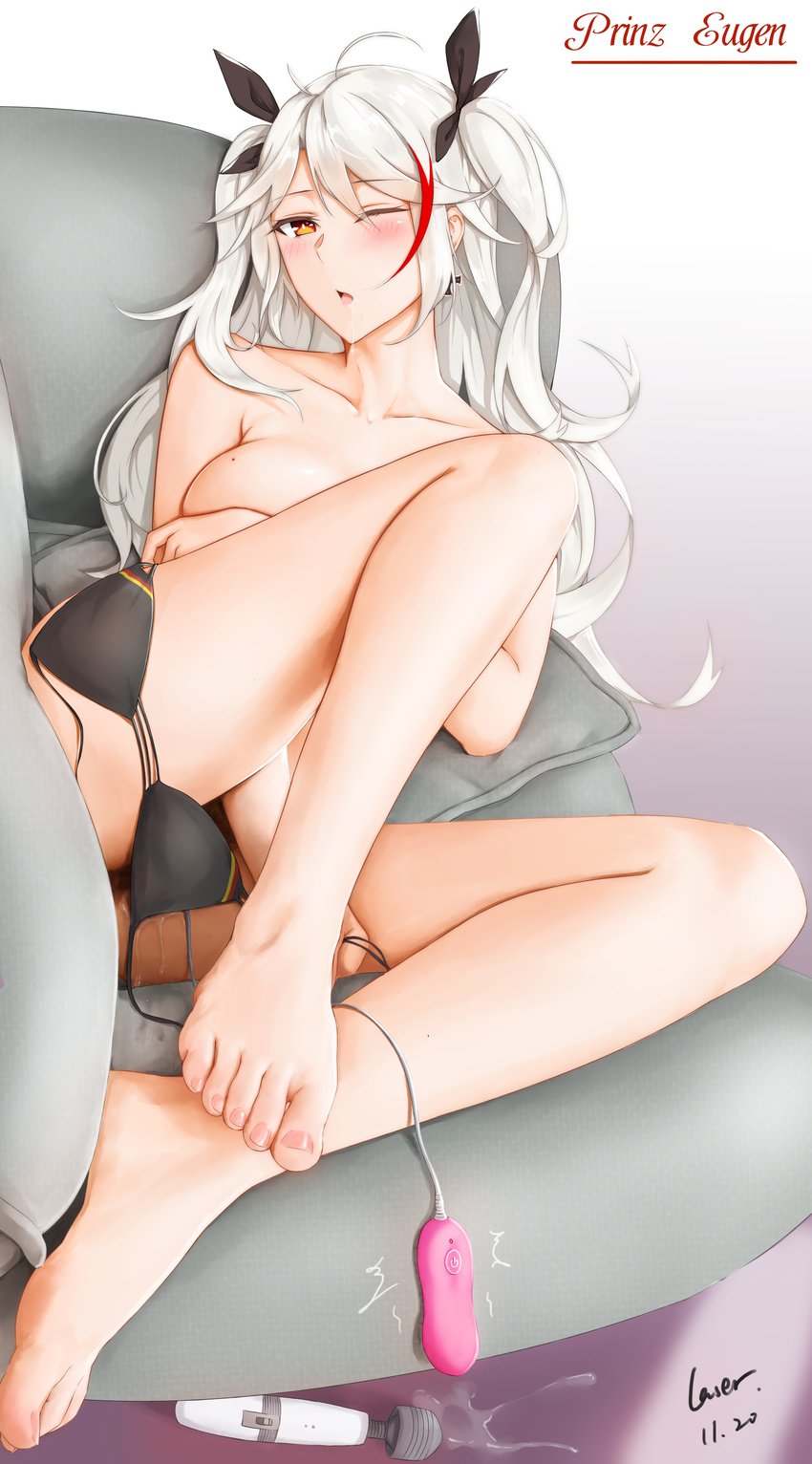 absurdres ahoge azur_lane bare_legs barefoot bikini bikini_removed black_bikini blush breasts censored character_name dated feet flag_print german_flag_bikini highres hitachi_magic_wand large_breasts long_hair looking_at_viewer mole mole_on_breast mosaic_censoring multicolored_hair one_eye_closed open_mouth orange_eyes prinz_eugen_(azur_lane) pussy_juice red_hair revision rosaline signature silver_hair solo swimsuit toes two-tone_hair two_side_up undressing very_long_hair vibrator