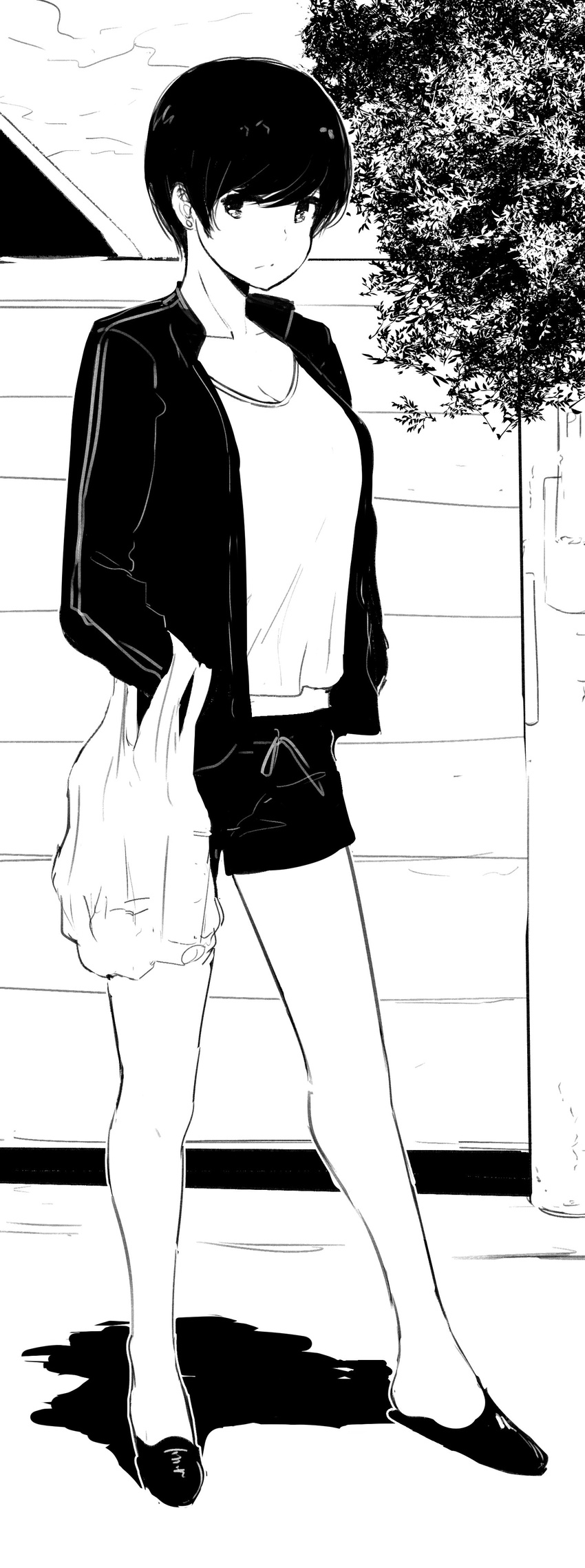 absurdres bag breasts cleavage commentary full_body greyscale hands_in_pockets highres jacket large_breasts looking_at_viewer monochrome norman_maggot ol-chan_(norman_maggot) original outdoors plastic_bag shirt shopping_bag short_hair shorts solo