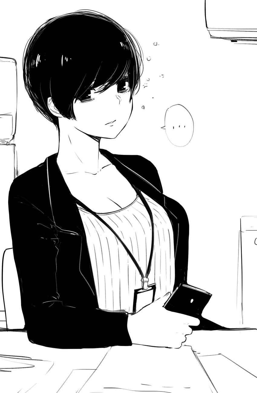 absurdres breasts cellphone cleavage collarbone commentary greyscale highres holding holding_phone jacket large_breasts long_sleeves monochrome name_tag norman_maggot office_lady ol-chan_(norman_maggot) original phone ribbed_shirt shirt short_hair sitting sleepy smartphone solo table upper_body