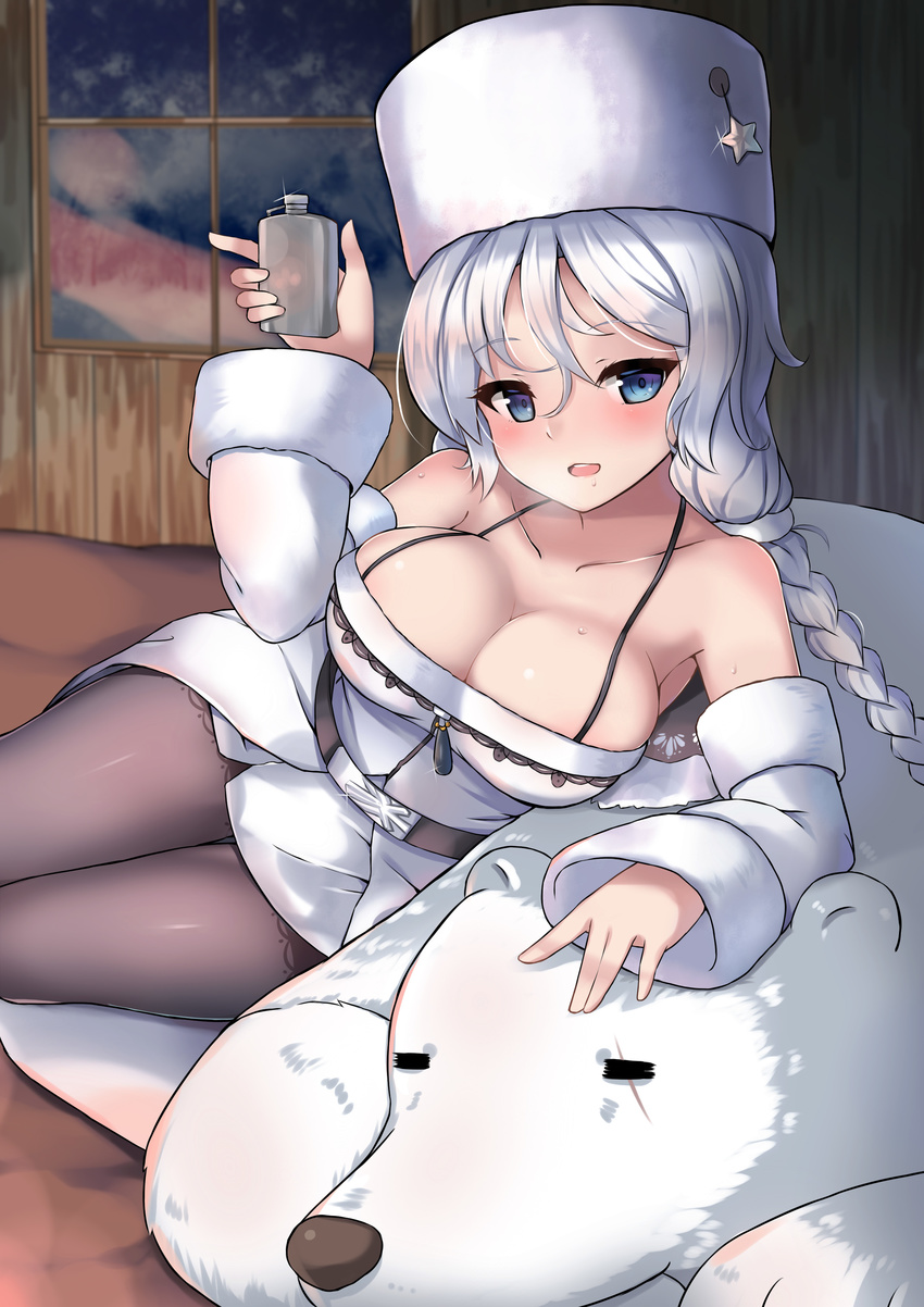:d =_= absurdres aurora_(azur_lane) azur_lane bear belt black_legwear blush braid breasts cleavage closed_eyes collarbone commentary_request detached_sleeves dress eyebrows_visible_through_hair glint hair_between_eyes halterneck hat head_tilt highres hip_flask holding indoors large_breasts long_hair long_sleeves looking_at_viewer lying on_side on_stomach open_mouth pantyhose polar_bear scar scar_across_eye shou_jian_yu silver_hair smile solo star strapless strapless_dress sweat very_long_hair white_dress white_hat window