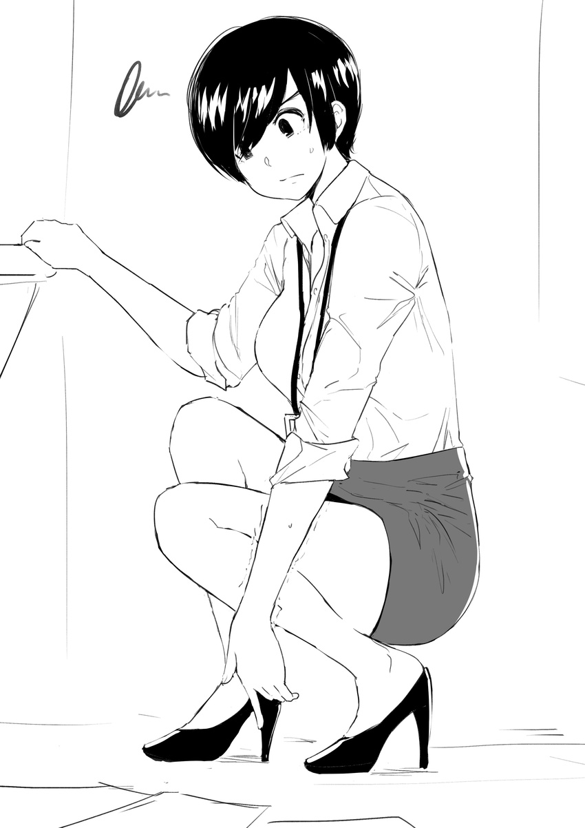 absurdres breasts collared_shirt commentary greyscale high_heels highres large_breasts monochrome norman_maggot office_lady ol-chan_(norman_maggot) original pencil_skirt shirt short_hair simple_background skirt sleeves_rolled_up solo squatting white_background