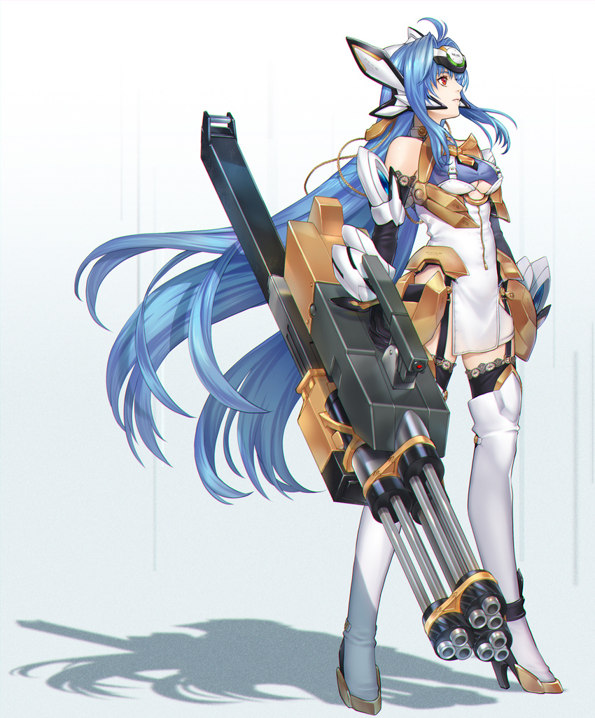 ahoge android blue_hair boots breasts elbow_gloves full_body gloves highres holding holding_weapon kos-mos kos-mos_ver._4 long_hair looking_to_the_side medium_breasts ohse red_eyes solo standing thigh_boots thighhighs very_long_hair weapon xenosaga xenosaga_episode_iii