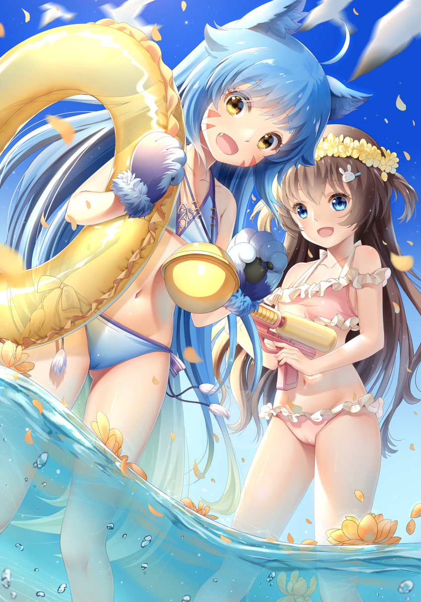 :d ahoge air_bubble animal_ears ass_visible_through_thighs bangs bare_legs bare_shoulders bikini bird blue_bikini blue_eyes blue_gloves blue_hair blue_sky blush breasts brown_hair bubble bunny_hair_ornament cameltoe collarbone copyright_request day eyebrows_visible_through_hair facial_mark fang flat_chest flower flower_wreath frilled_bikini frills from_below gloves groin hair_ornament hairclip haneru head_wreath highres holding innertube light_particles long_hair looking_at_viewer motion_blur multiple_girls navel ocean open_mouth outdoors partially_underwater_shot paw_gloves paws petals pink_bikini shiny shiny_hair side-tie_bikini sky small_breasts smile stomach swimsuit tareme thighs transparent two_side_up very_long_hair wading water water_gun whisker_markings yellow_eyes yellow_innertube