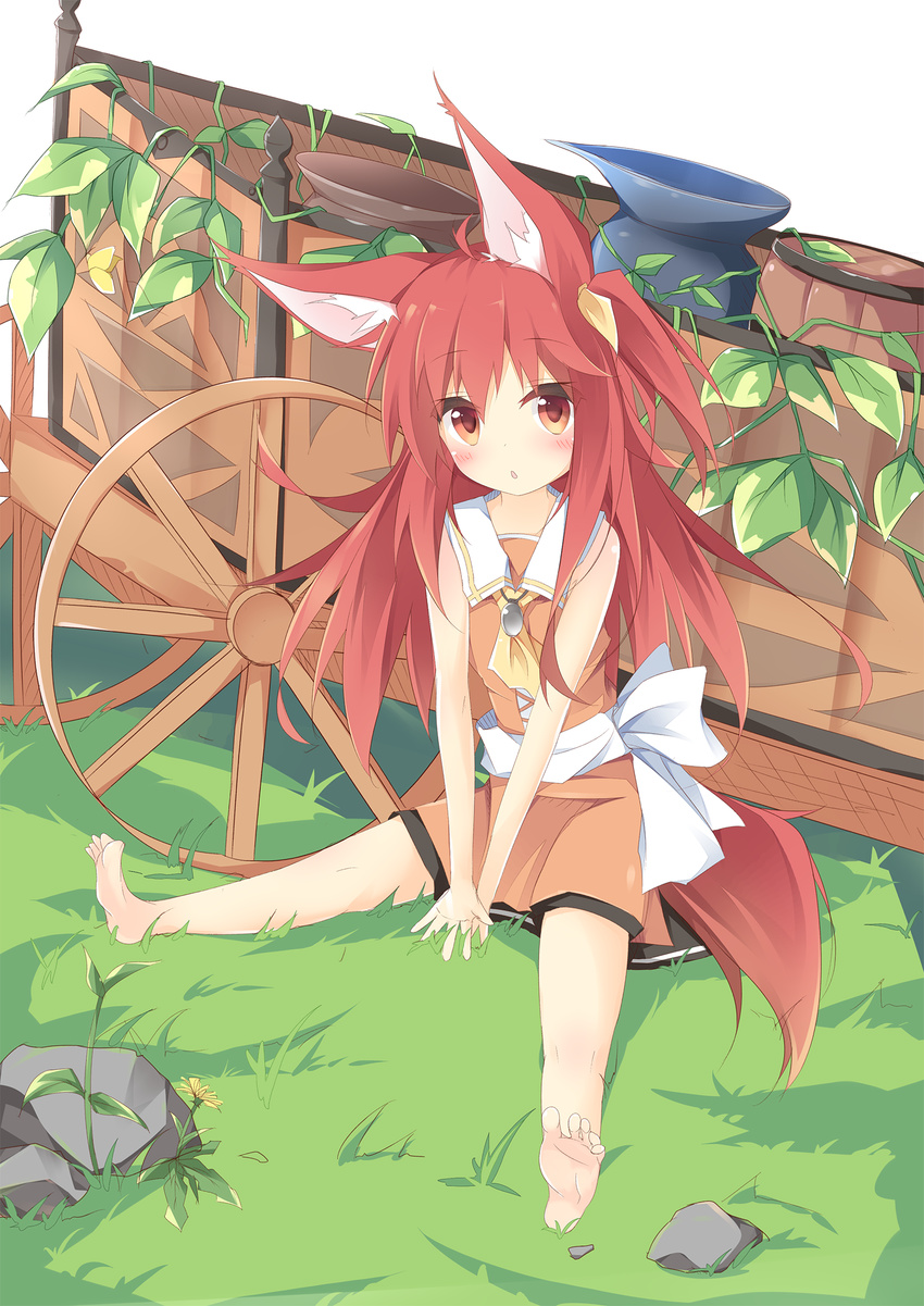 ahoge animal_ears ascot bangs bare_arms barefoot barrel between_legs blush bow brown_dress commentary_request day dress eyebrows_visible_through_hair flower fox_ears fox_girl fox_tail grass hair_between_eyes hair_ribbon hand_between_legs highres jewelry kushida_you leaf long_hair looking_at_viewer on_grass one_side_up original outdoors parted_lips pendant red_eyes red_hair ribbon sailor_dress sitting sleeveless sleeveless_dress soles solo spread_legs stone tail v_arms wagon white_bow yellow_flower yellow_neckwear yellow_ribbon