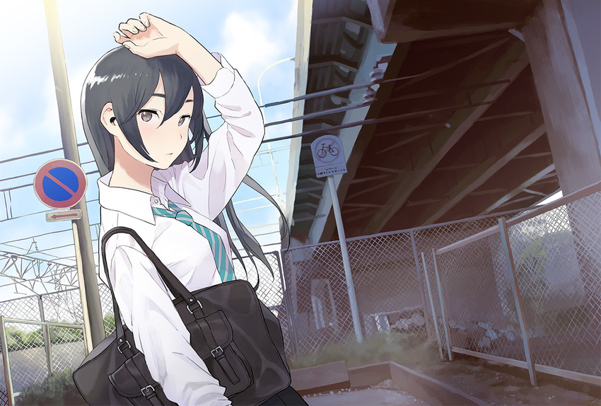 aqua_neckwear arm_up bag bangs black_hair black_skirt bridge chain-link_fence closed_mouth collared_shirt commentary_request day dutch_angle fence from_side grey_eyes hair_between_eyes long_hair long_sleeves looking_at_viewer morifumi necktie original outdoors pleated_skirt school_bag school_uniform shirt shoulder_bag sign skirt solo striped striped_neckwear upper_body white_shirt