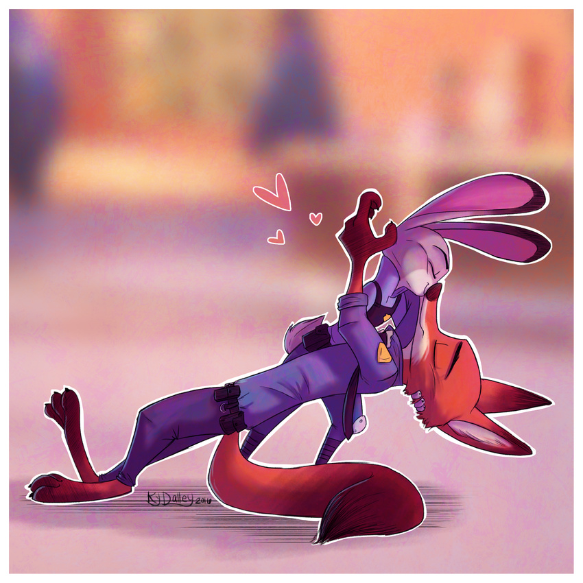 &lt;3 2016 3_toes 4_fingers absurd_res anthro barefoot blurred_background border canine claws clothed clothing dipstick_ears dipstick_tail disney duo eyes_closed female fox hi_res inner_ear_fluff judy_hopps kissing ky-jane lagomorph male mammal multicolored_tail nick_wilde outline police_uniform rabbit signature simple_background size_difference smile toe_claws toes uniform white_border zootopia