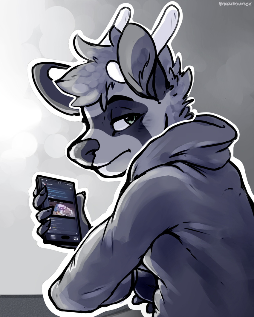 2016 anthro cellphone cervine chat clothed clothing deer desk english_text green_eyes grey_background hair holding_object holding_phone hoodie horn invalid_tag looking_at_viewer mammal phone simple_background solo text zereno