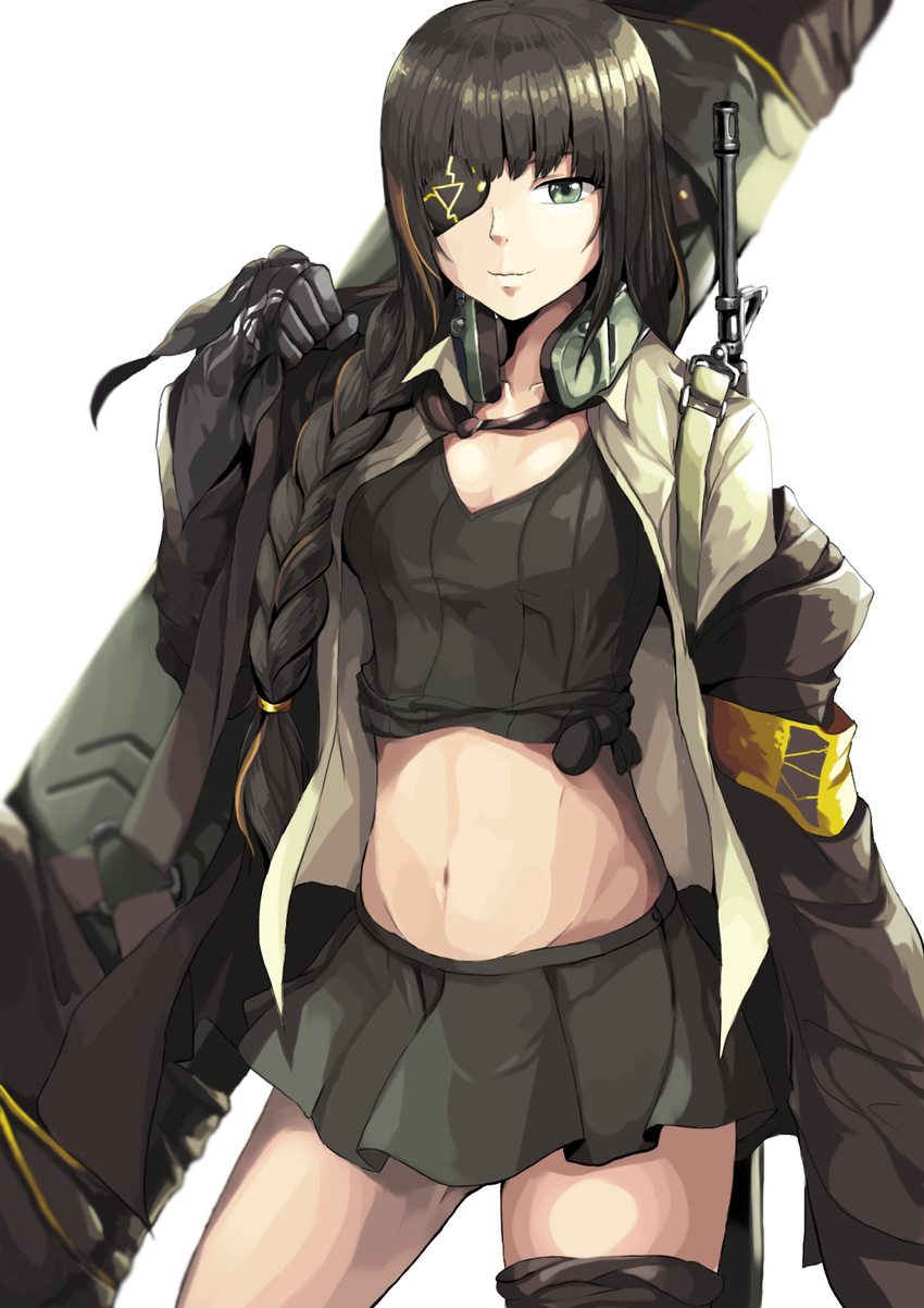 assault_rifle black_gloves black_hair black_shirt black_skirt blonde_hair blurry braid breasts brown_hair closed_mouth collarbone collared_shirt commentary cowboy_shot depth_of_field eyepatch girls_frontline gloves gun hair_over_shoulder headphones headphones_around_neck highres hiroki_ree holding jacket long_hair looking_at_viewer m16a1 m16a1_(girls_frontline) medium_breasts multicolored_hair navel off_shoulder open_clothes open_shirt pleated_skirt rifle shirt skirt smile solo streaked_hair tied_shirt weapon white_background wing_collar