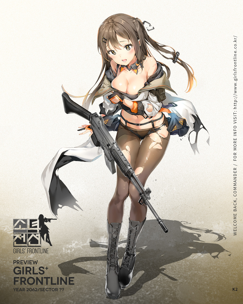 anmi assault_rifle blush boots breasts brown_eyes brown_hair cleavage collarbone cross-laced_footwear fingerless_gloves full_body girls_frontline gloves gun hair_ornament hairclip highres jacket k-2_(girls_frontline) knee_boots lace-up_boots logo long_hair medium_breasts navel off_shoulder official_art open_clothes open_jacket open_mouth panties panties_under_pantyhose pantyhose rifle scar shadow simple_background standing torn_clothes torn_legwear underwear weapon