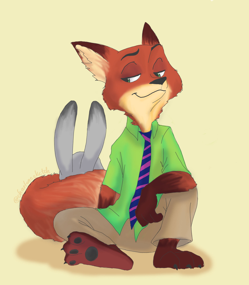 2016 3_toes absurd_res anthro black_nose canine charlenesketch claws clothed clothing dipstick_ears disney duo female fox fur gloves_(marking) green_eyes hi_res judy_hopps lagomorph looking_aside male mammal markings necktie nick_wilde pants rabbit raised_eyebrow shirt simple_background sitting toe_claws toes yellow_background zootopia