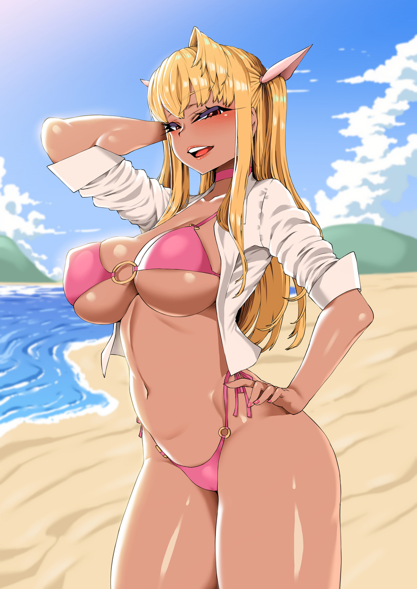 absurdres beach bikini breasts choker collarbone day dress_shirt gyaru hand_behind_head hand_on_hip highres kogal large_breasts long_hair looking_at_viewer nail_polish navel o-ring o-ring_bikini open_clothes open_mouth open_shirt original outdoors pink_bikini pink_choker pink_lips pink_nails red_eyes shirt sidelocks sky smh1069 smile solo swimsuit two_side_up white_shirt