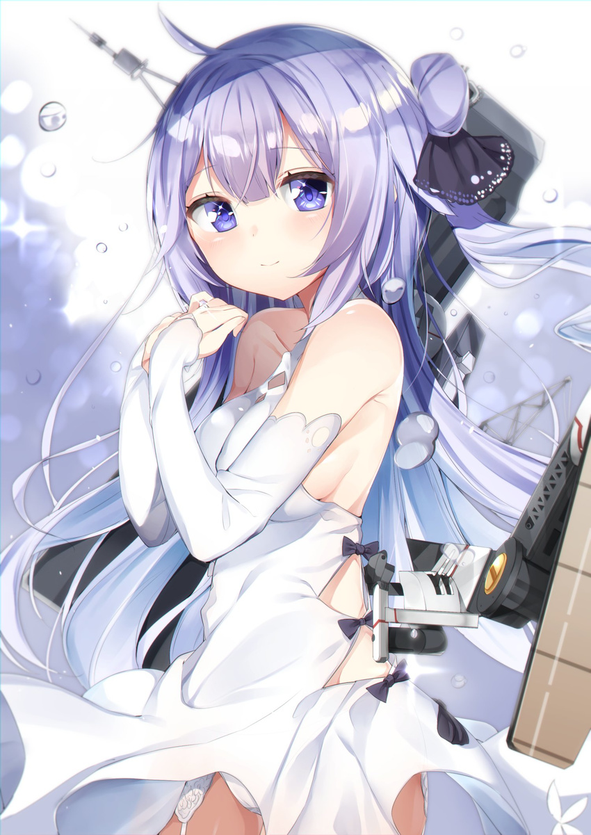 azur_lane bare_shoulders breasts cameltoe closed_mouth commentary detached_sleeves dress from_side garter_belt hair_ornament halter_top halterneck highres impossible_clothes impossible_dress jewelry kamioka_shun'ya large_breasts long_hair long_sleeves looking_at_viewer panties purple_eyes purple_hair rigging ring sideboob sleeves_past_wrists smile solo sparkle underwear unicorn_(azur_lane) water_drop white_dress white_panties