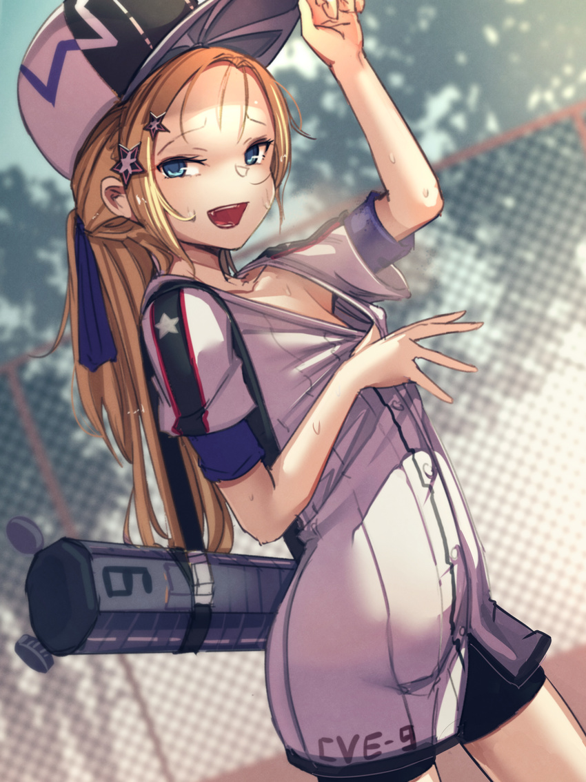 absurdres at2. azur_lane baseball_cap bike_shorts blonde_hair blue_eyes blurry blush bogue_(azur_lane) chain-link_fence commentary_request cowboy_shot depth_of_field dutch_angle fence flat_chest hair_ornament hat highres jersey long_hair looking_at_viewer open_mouth outdoors ponytail shirt_pull smile solo star star_hair_ornament sweat tsurime