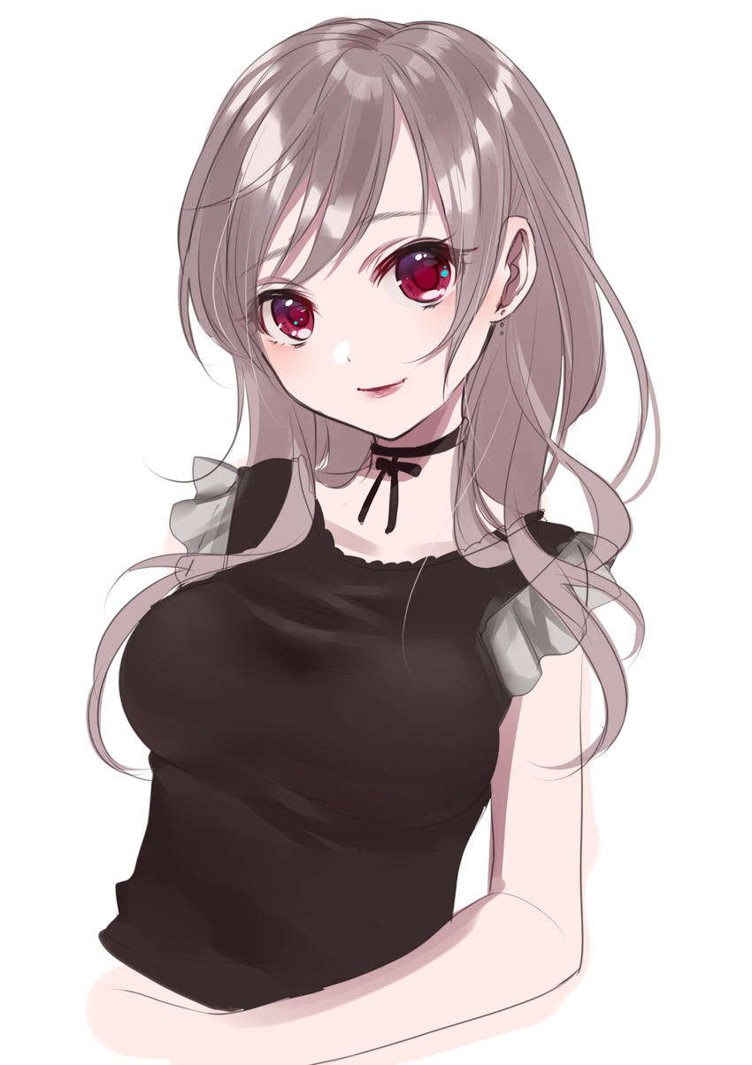 absurdres alternate_hairstyle bad_id bad_twitter_id bangs black_ribbon black_shirt blush breasts closed_mouth commentary_request eyebrows_visible_through_hair highres idolmaster idolmaster_cinderella_girls kanzaki_ranko large_breasts lips long_hair looking_at_viewer misumi_(macaroni) neck_ribbon older purple_eyes ribbon shiny shiny_hair shirt sidelocks silver_hair simple_background smile solo swept_bangs white_background