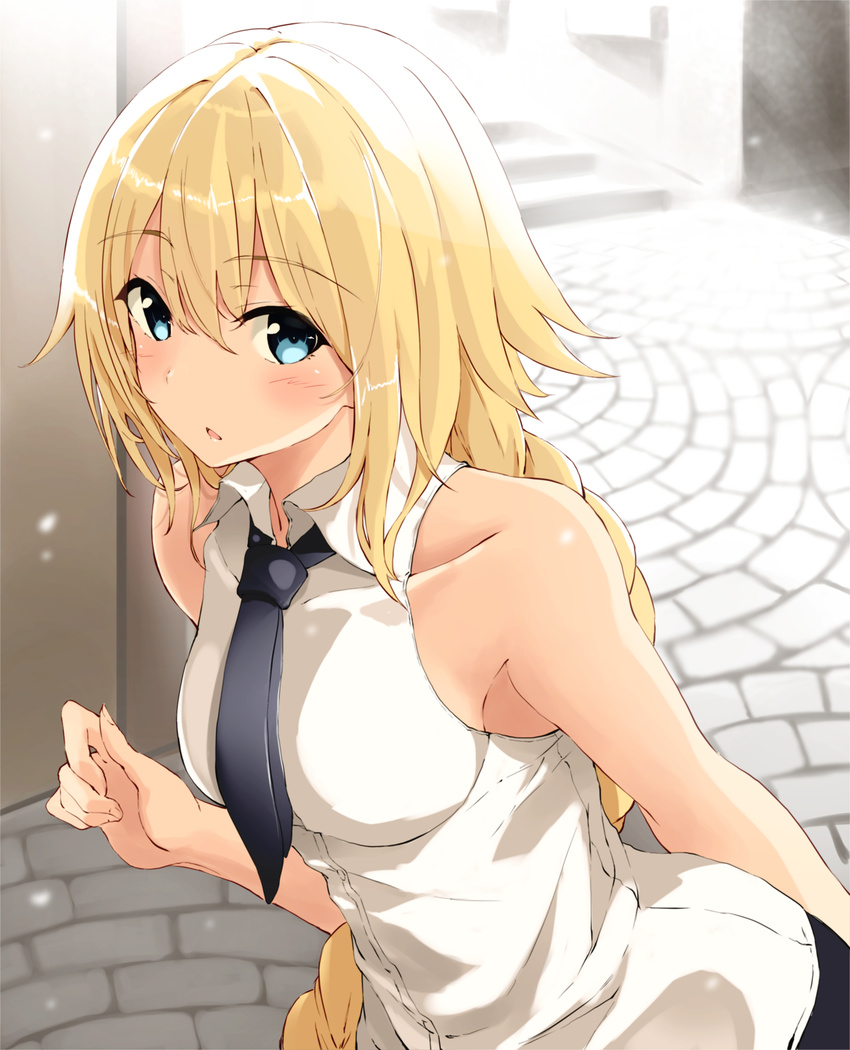 :o absurdres blonde_hair blue_hair blush commentary_request fate/apocrypha fate_(series) fuu_(fuore) highres jeanne_d'arc_(fate) jeanne_d'arc_(fate)_(all) long_hair looking_at_viewer necktie open_mouth outdoors road shirt sleeveless sleeveless_shirt solo street very_long_hair
