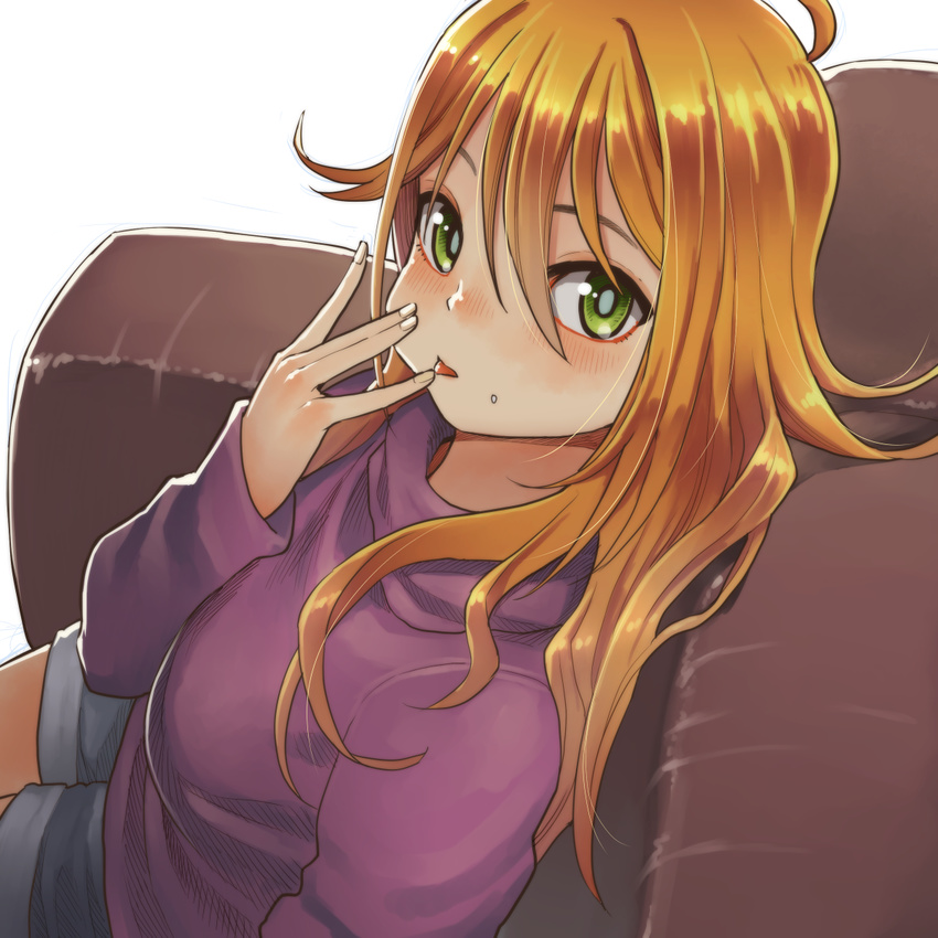 ahoge bangs blonde_hair blush breasts bright_pupils cheek_bulge chiaki_rakutarou couch denim denim_shorts eating food food_on_face from_above from_side green_eyes hair_between_eyes highres hoshii_miki idolmaster idolmaster_(classic) long_hair long_sleeves looking_at_viewer looking_to_the_side medium_breasts nose_blush on_couch purple_sweater shorts simple_background sitting solo sweater white_background