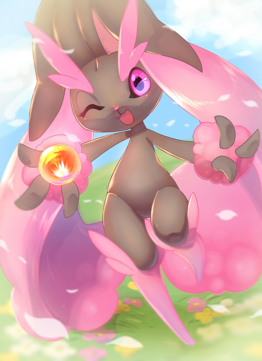 1girl alternate_color arms_up artist_request black_eyes blue_sky blush cloud day female flower furry grass happy highres looking_at_viewer lopunny no_humans one_eye_closed open_mouth outdoors outstretched_arms petals pink_flower pink_sclera pokemon pokemon_(creature) pokemon_dppt running shiny_pokemon sky smile solo standing standing_on_one_leg wink yellow_flower