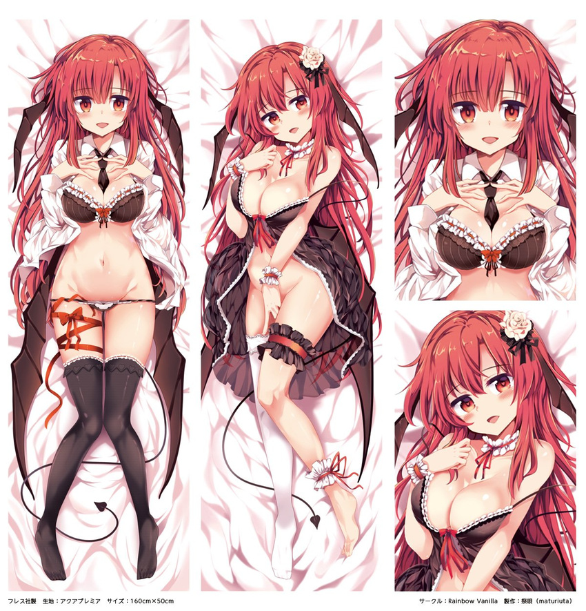 :d ankle_cuffs babydoll bare_shoulders bat_wings between_breasts black_babydoll black_bra black_legwear black_neckwear blush bottomless bra breasts cleavage commentary_request covering covering_crotch dakimakura demon_tail demon_wings detached_collar front-tie_top hair_ornament head_tilt head_wings heart heart-shaped_pupils highres knees_together_feet_apart koakuma large_breasts leg_ribbon long_hair long_sleeves looking_at_viewer maturiuta_sorato multiple_views navel necktie necktie_between_breasts nipples open_clothes open_mouth open_shirt panties parted_lips red_eyes red_hair red_headband red_ribbon ribbon shirt sidelocks single_thighhigh smile stomach strap_slip symbol-shaped_pupils tail thighhighs touhou underwear upper_body white_legwear white_panties white_shirt wings wrist_cuffs
