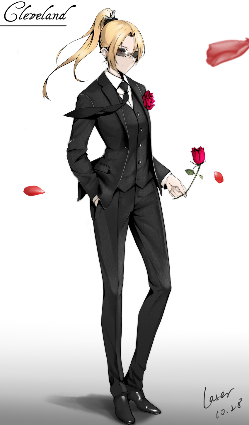 absurdres alternate_costume azur_lane black_footwear black_jacket black_neckwear black_pants black_vest blonde_hair character_name cleveland_(azur_lane) closed_mouth collared_shirt dated eyebrows_visible_through_hair flower formal full_body gradient gradient_background hair_between_eyes hand_in_pocket high_ponytail highres jacket light_smile long_hair long_legs long_sleeves looking_at_viewer necktie pants petals ponytail red_flower red_rose rosaline rose shirt shoes signature solo standing suit sunglasses tuxedo vest white_background white_shirt wing_collar