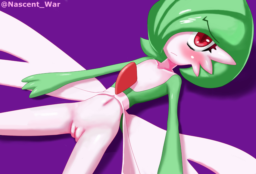 1girl artist_name blush censored collarbone eyebrows_visible_through_hair flat_chest from_above gardevoir green_hair hair_over_one_eye looking_at_viewer lying mosaic_censoring nascent_war navel no_humans on_back pokemon pokemon_(creature) pokemon_rse purple_background pussy red_eyes shiny_skin short_hair simple_background solo spread_legs text twitter_username