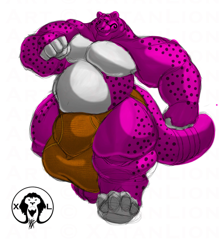 belly better_version_at_source big_belly big_bulge big_muscles black_sclera bulge cat clothing feline fur huge_bulge jaguar male mammal musclegut muscular pawpads paws pink_fur thick_arms thick_legs thick_thighs underwear xatanlion