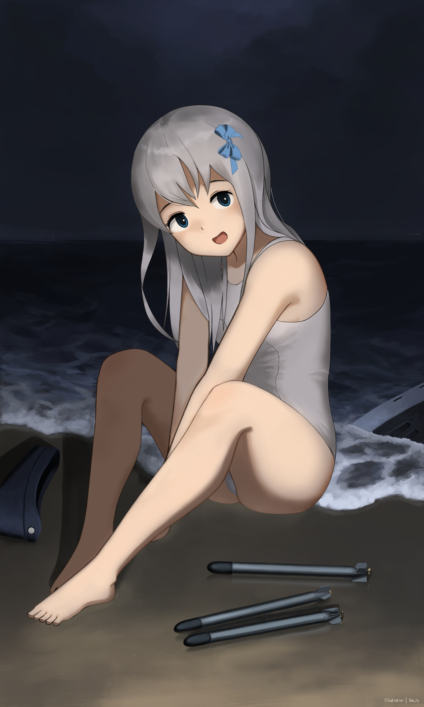 absurdres barefoot beach black_eyes blue_ribbon full_body hair_ribbon highres horizon kantai_collection long_hair looking_at_viewer night ocean one-piece_swimsuit open_mouth outdoors ribbon school_swimsuit shiiransu silver_hair sitting smile solo swimsuit torpedo u-511_(kantai_collection) water waves white_school_swimsuit white_swimsuit