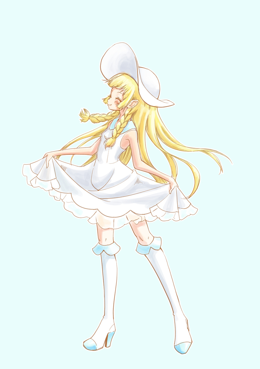 1girl absurdres artist_request blonde_hair blue_background blush boots braid breasts curtsey dress dress_lift eyes_closed full_body hands_up hat knee_boots legs_apart lifted_by_self lillie_(pokemon) long_hair outline pokemon pokemon_(game) pokemon_sm see-through simple_background sleeveless sleeveless_dress small_breasts smile solo standing sun_hat tied_hair twin_braids white_dress white_footwear white_hat white_legwear